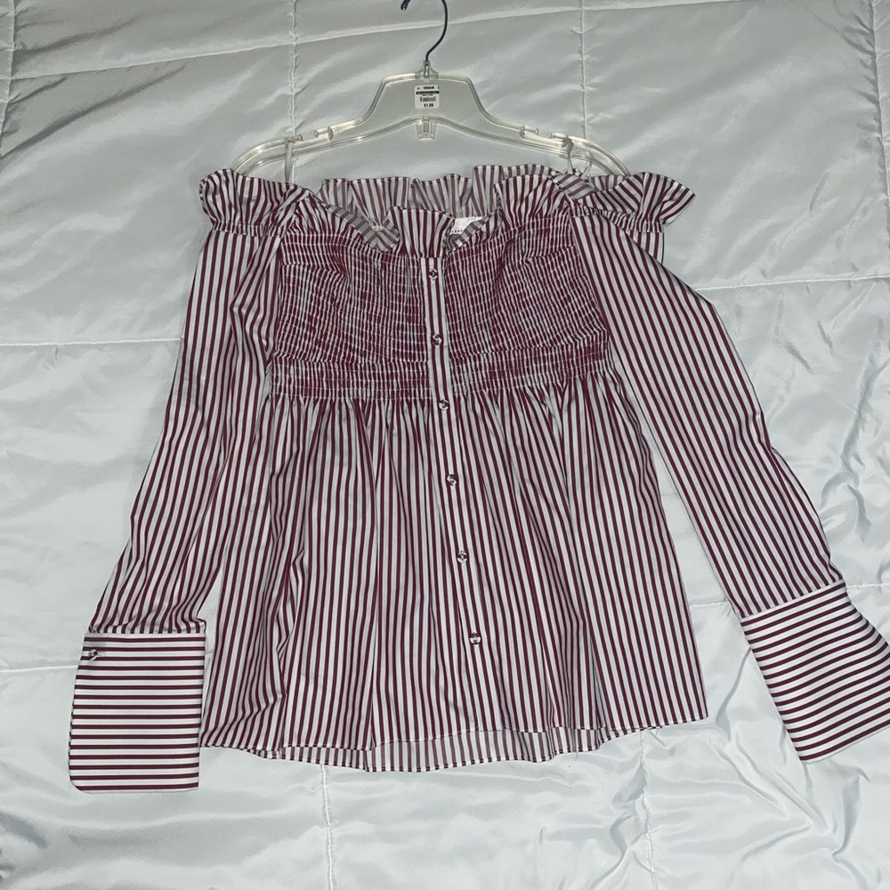 Victoria Beckham Burgundy Striped Off-Shoulder Blouse